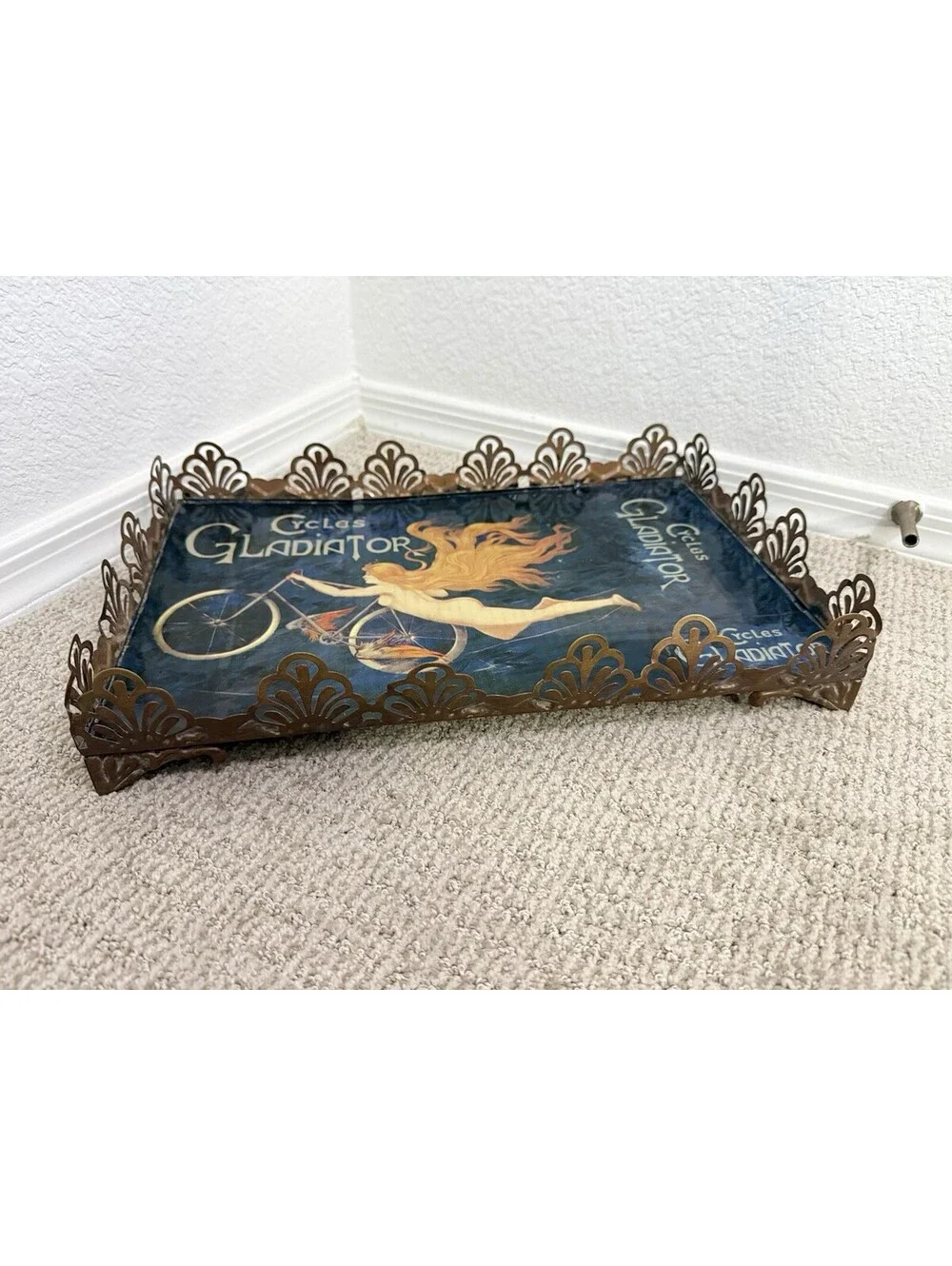 Vtg Style Cycles Gladiator Art Nouveau Bicycle Print Metal Vanity Tray